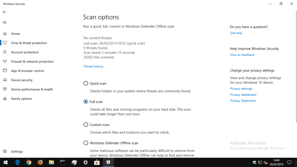 Windows Defender Scan options