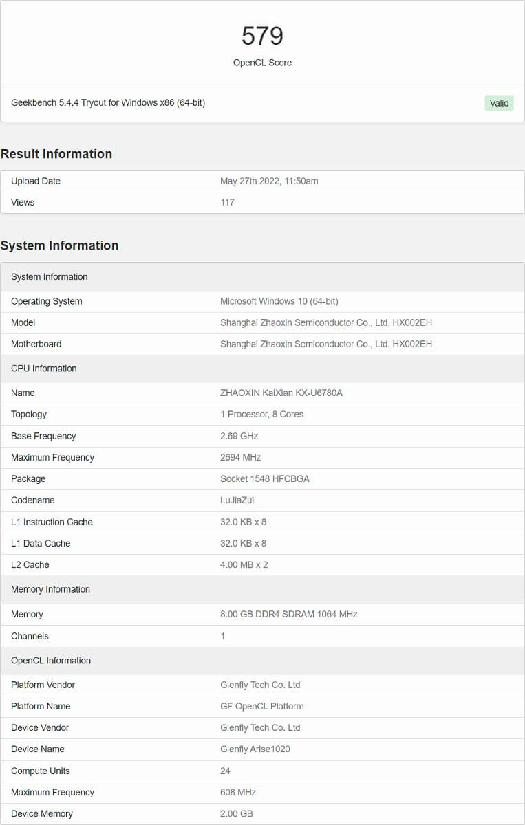 Zhaoxin Glenfly Arise GT10C0 openCL