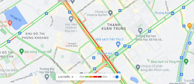Google Maps hiển thị thông tin ách tắc giao thông bằng các màu sắc khác nhau. Ảnh: Chụp màn hình