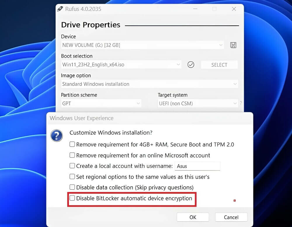 disable bitlocker encryption using rufus in windows 11