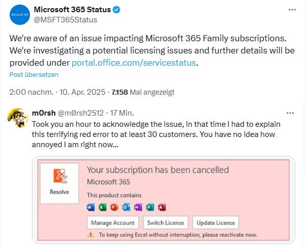 người dùng báo lỗi microsoft 365 family