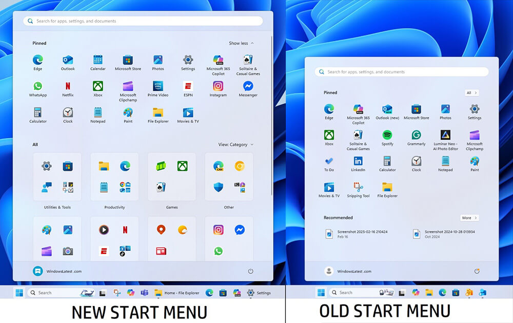menu start mới trên Windows 11