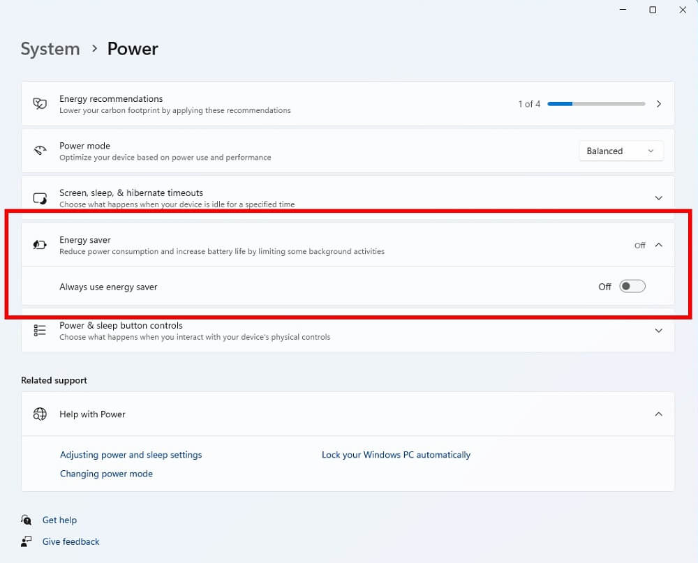 Windows 11 chế độ tiết kiệm năng lượng