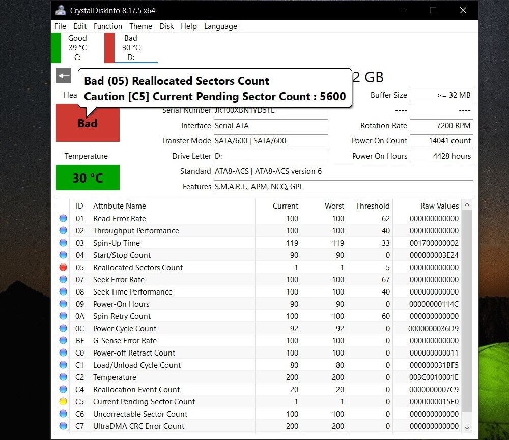 BAD Sectors CrystalDiskInfo