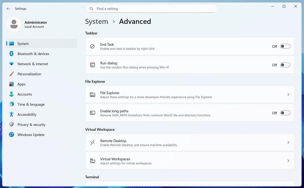 Giao diện Run mới trong Settings nâng cao