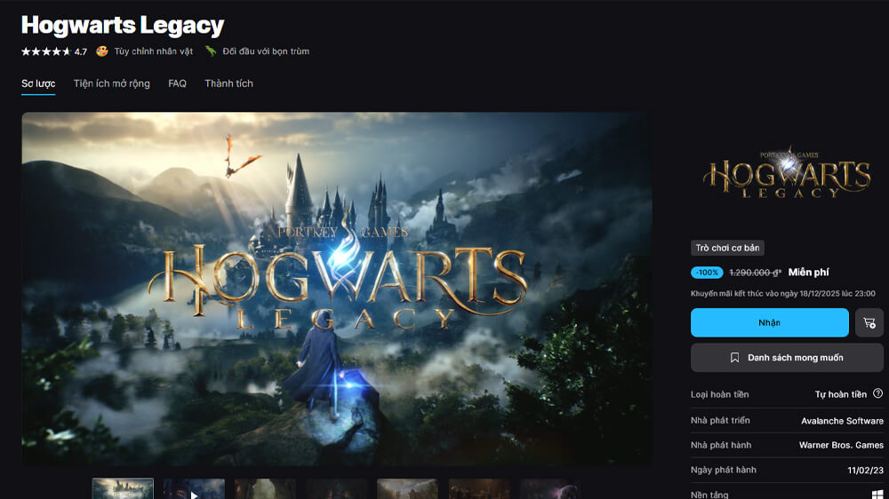 nhận Hogwarts Legacy miễn phí