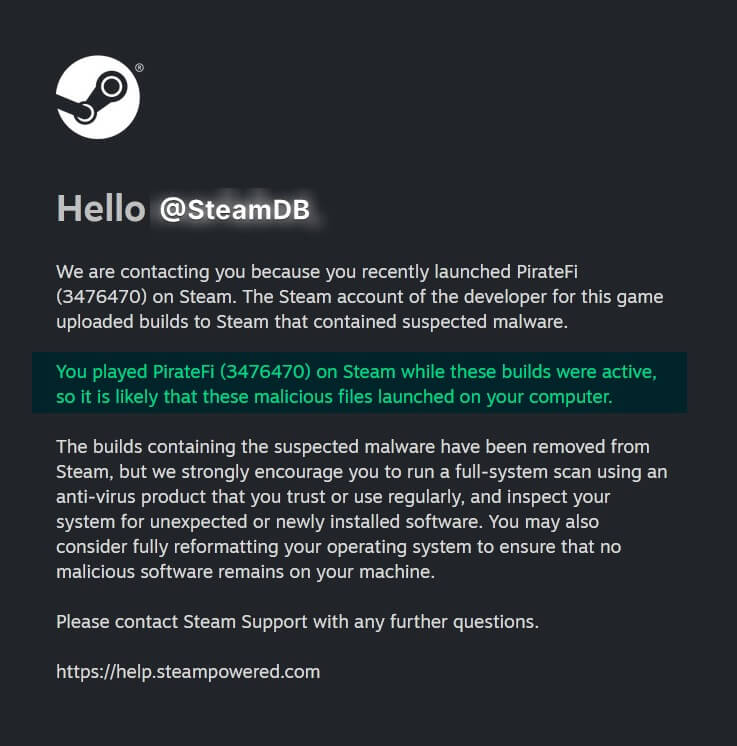 Thông báo của của đội ngũ Steam về tựa game chứa mã độc