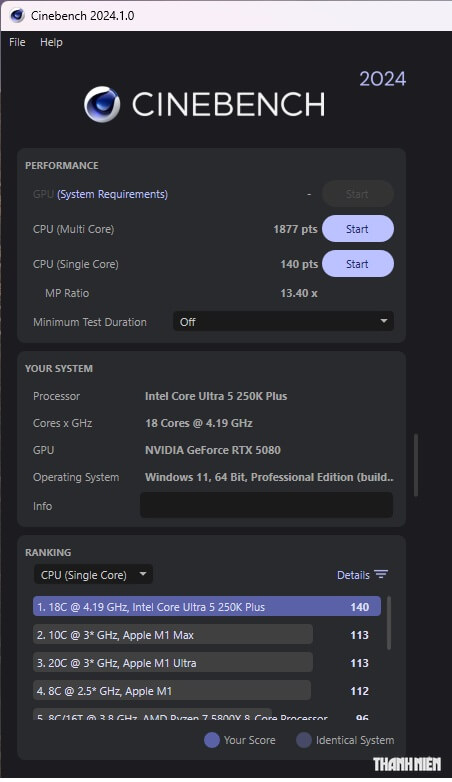 Điểm số bài kiểm tra hiệu năng Intel Core Ultra 5 250K Plus - Cinebench