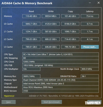 Điểm số bài kiểm tra hiệu năng Intel Core Ultra 7 270K Plus - AIDA64