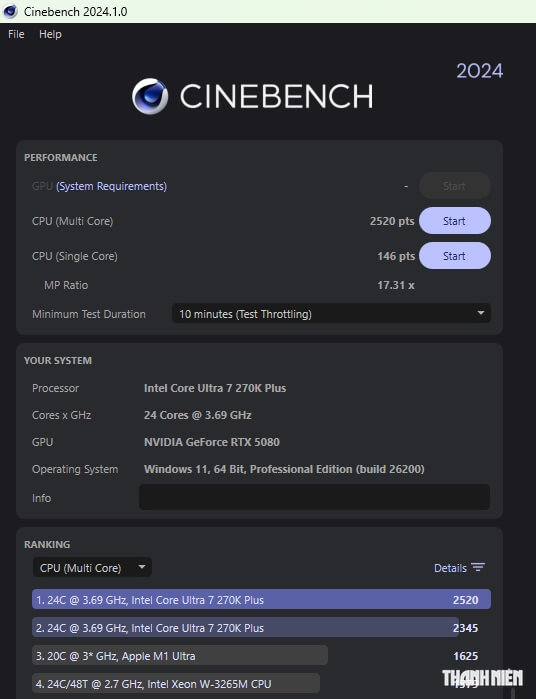 Điểm số bài kiểm tra hiệu năng Intel Core Ultra 7 270K Plus - Cinebench
