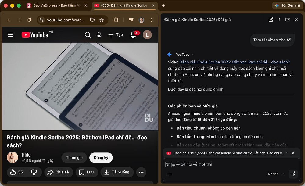Dùng Gemini trên Chrome tóm tắt một video YouTube