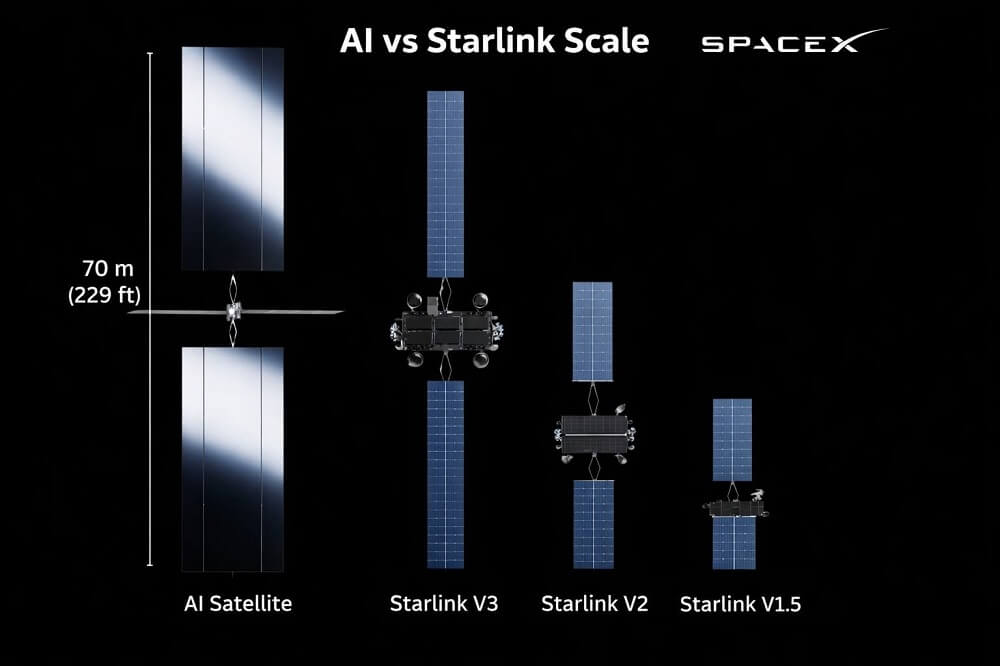 So sánh kích thước giữa vệ tinh AI và các vệ tinh internet của SpaceX