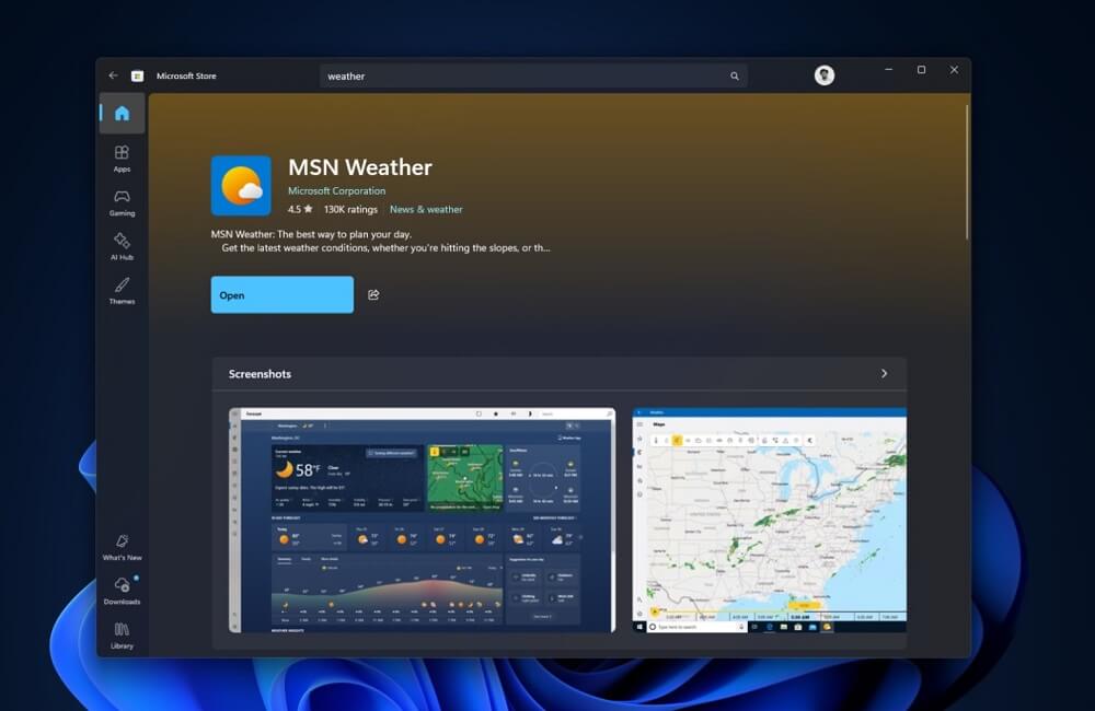 Weather thực chất là một trang MSN được bọc thành ứng dụng